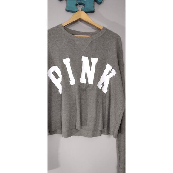 Victoria's Secret PINK Waffle Tee Top Thermal Grey/White Large L - Picture 3 of 11